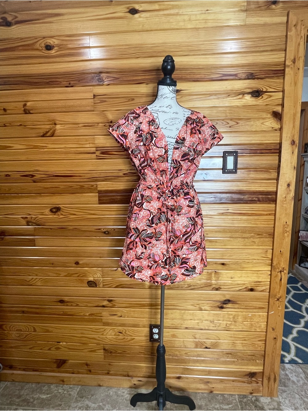 A.L.C. Coral & Black Printed Tie-Waist Mini Dress